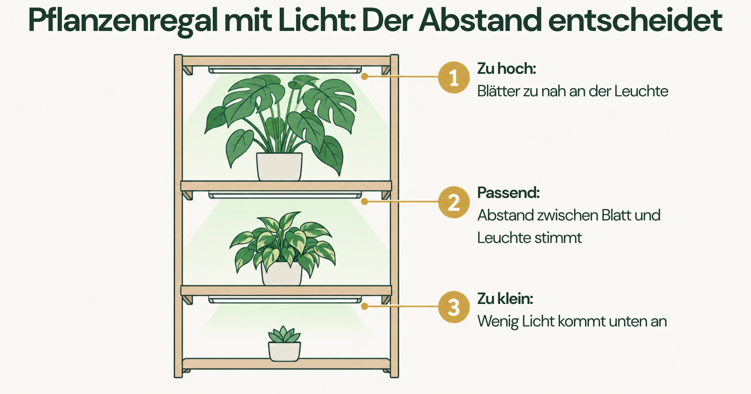 Infografik: Pflanzenregal mit Licht auf drei Ebenen – zu hohe Pflanze nah an der Leuchte, passende Pflanze mit Abstand, zu kleine Pflanze mit wenig Licht