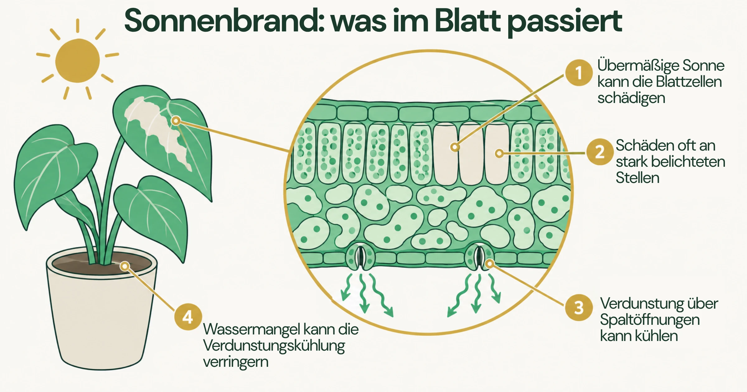 Schematischer Blattquerschnitt mit geschädigtem Gewebe im Palisadenparenchym und Spaltöffnungen auf der Blattunterseite, die Wasser verdunsten lassen.