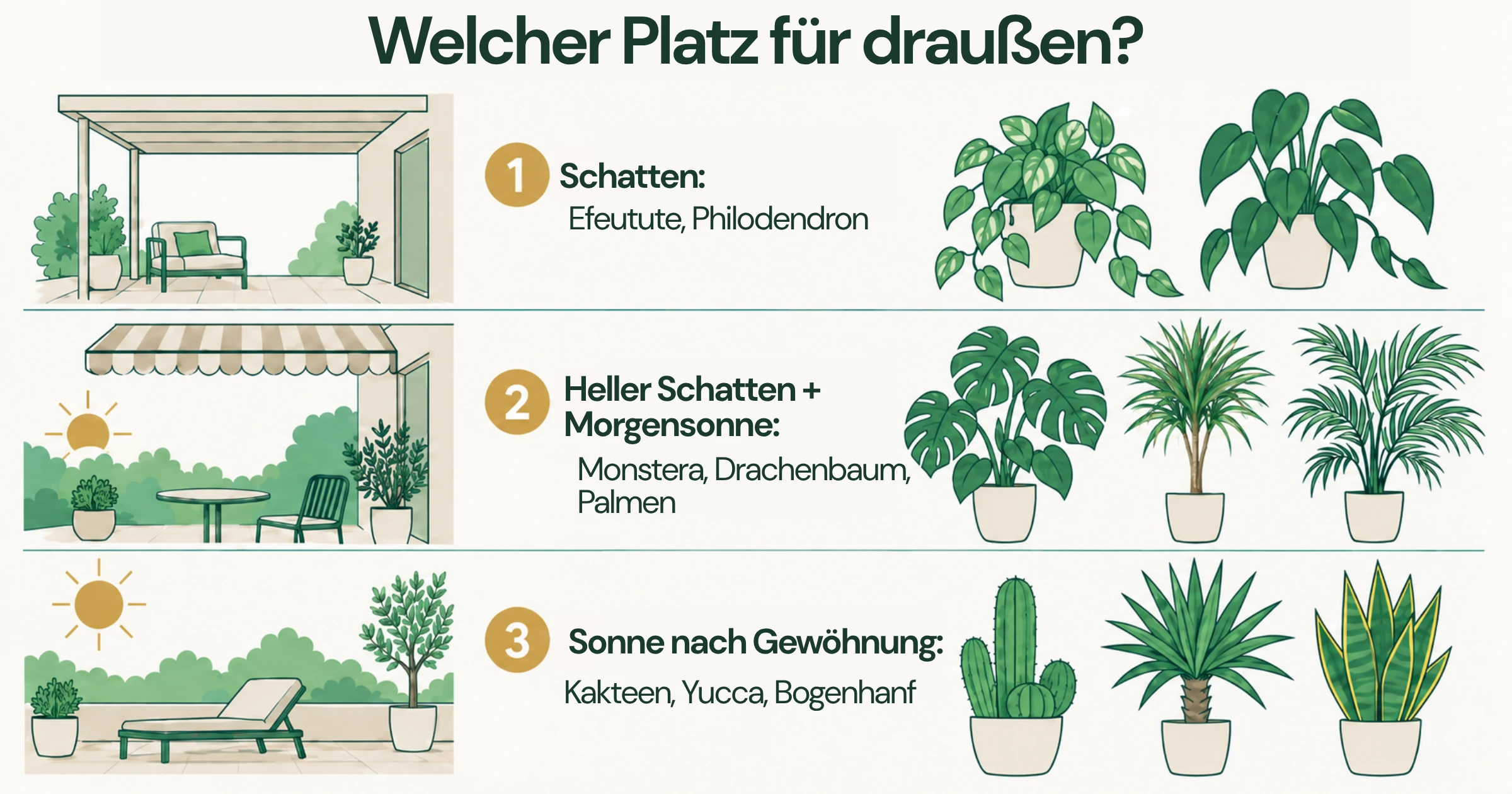 Drei Außenstandorte für Zimmerpflanzen im Vergleich: Schatten für Efeutute und Philodendron, milde Sonne für Monstera und mehr Sonne für Kakteen und Yucca.