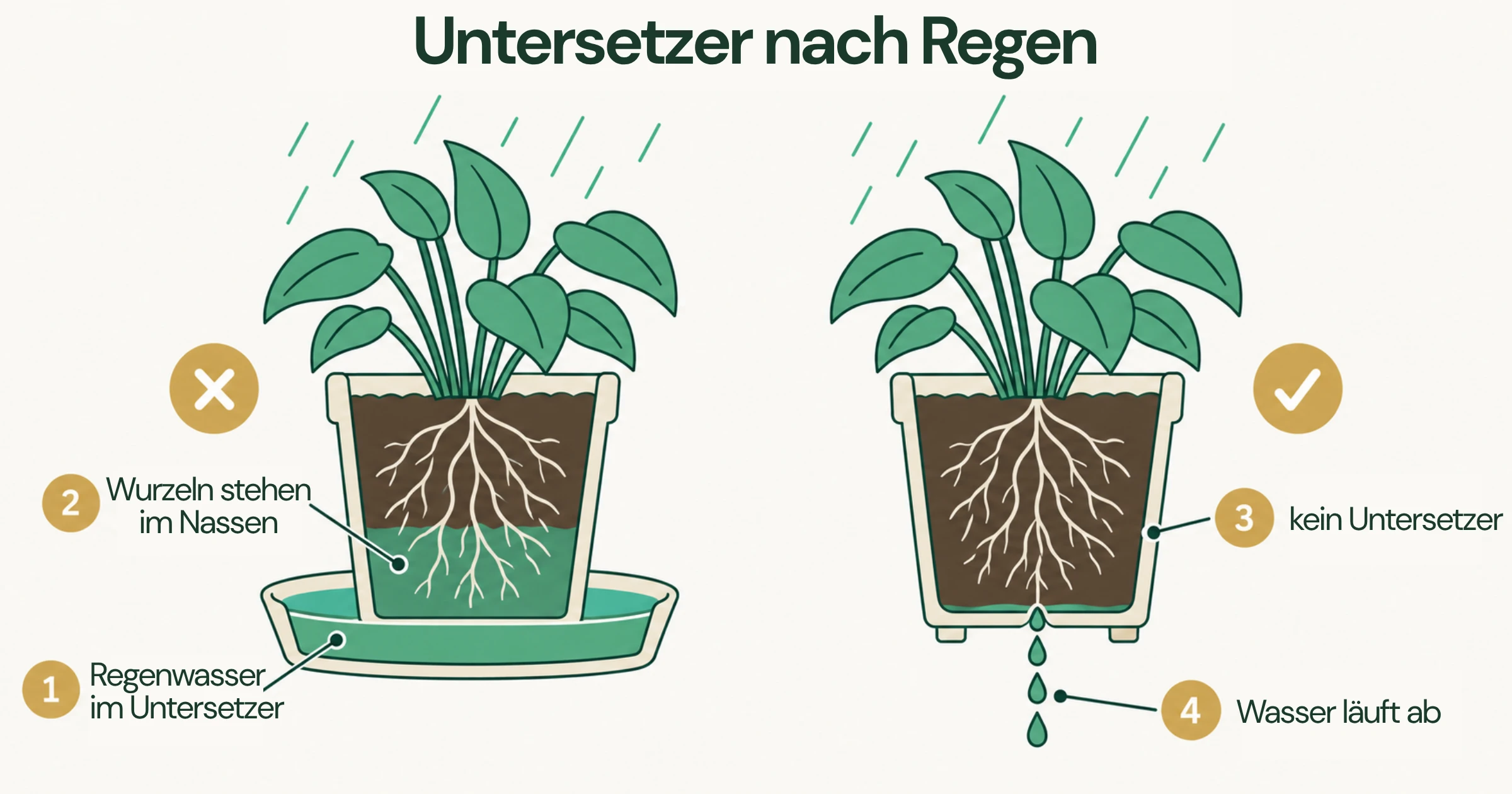 Vergleich zweier Blumentöpfe im Regen: Links sammelt sich Wasser im Untersetzer und Topf, rechts fließt überschüssiges Wasser durch die Abzugslöcher ab.