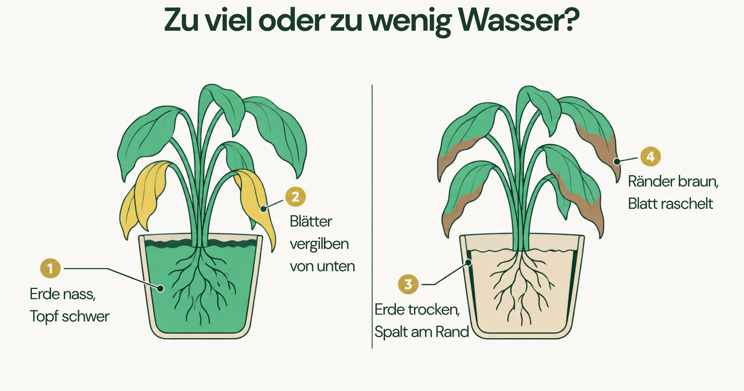 Vergleich zweier Töpfe im Querschnitt: links überwässert mit nasser Erde und gelben unteren Blättern, rechts zu trocken mit Spalt am Topfrand und braunen Blatträndern